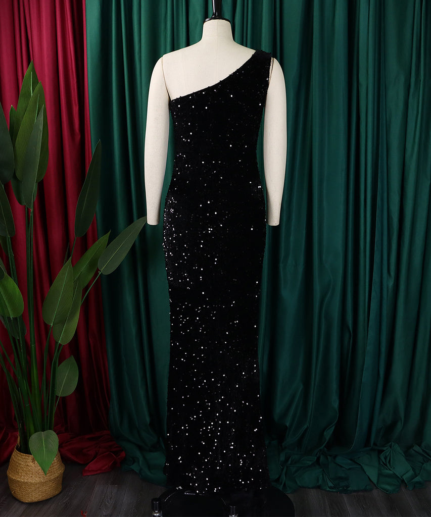 Diagonal Shoulder Sexy Split Skirt Sequin Gown for Glam Nights