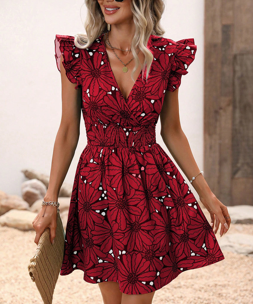 V-Neck Waist Sexy Big Flower Ruffled Sleeveless Dress Delight