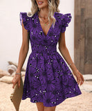 V-Neck Waist Sexy Big Flower Ruffled Sleeveless Dress Delight