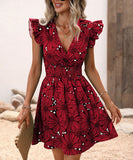 V-Neck Waist Sexy Big Flower Ruffled Sleeveless Dress Delight