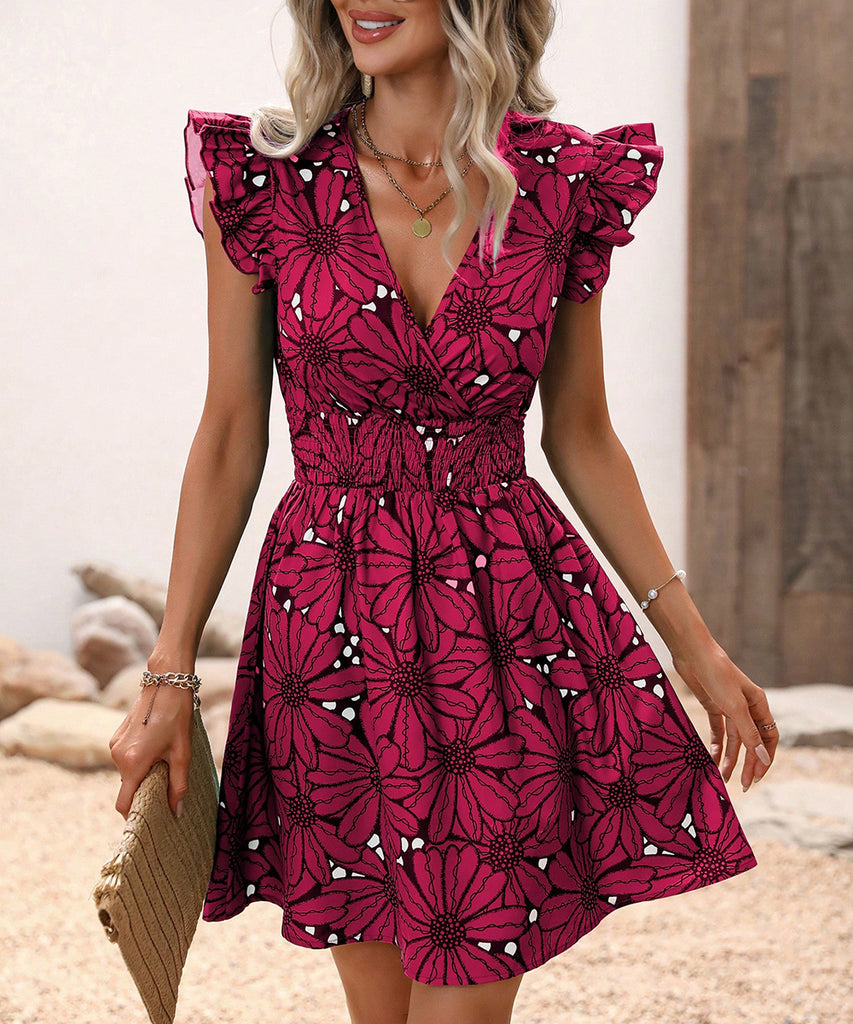 V-Neck Waist Sexy Big Flower Ruffled Sleeveless Dress Delight