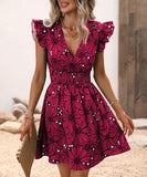V-Neck Waist Sexy Big Flower Ruffled Sleeveless Dress Delight