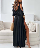 Solid Color Sexy Halter Mid-Length Dress With Five-Quarter Sleeves