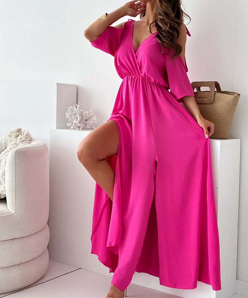 Solid Color Sexy Halter Mid-Length Dress With Five-Quarter Sleeves