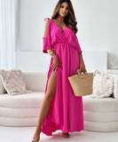 Solid Color Sexy Halter Mid-Length Dress With Five-Quarter Sleeves