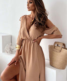 Solid Color Sexy Halter Mid-Length Dress With Five-Quarter Sleeves