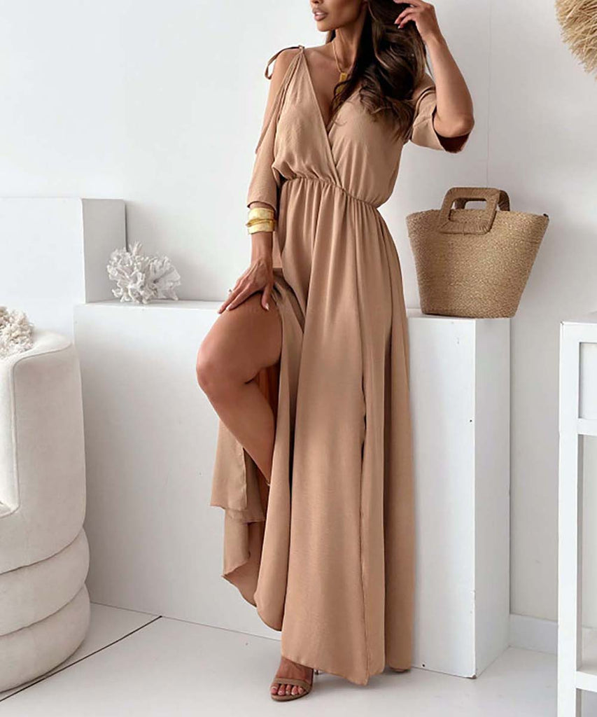 Solid Color Sexy Halter Mid-Length Dress With Five-Quarter Sleeves