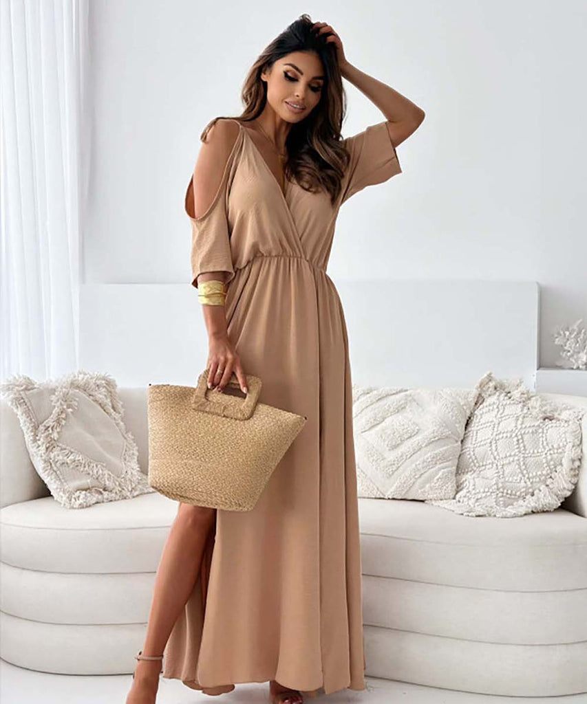 Solid Color Sexy Halter Mid-Length Dress With Five-Quarter Sleeves