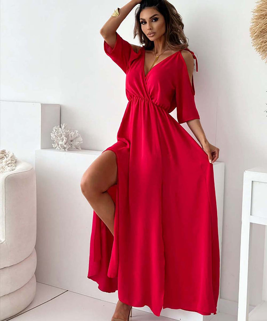 Solid Color Sexy Halter Mid-Length Dress With Five-Quarter Sleeves