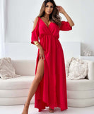 Solid Color Sexy Halter Mid-Length Dress With Five-Quarter Sleeves