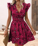 V-Neck Waist Sexy Big Flower Ruffled Sleeveless Dress Delight