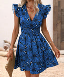 V-Neck Waist Sexy Big Flower Ruffled Sleeveless Dress Delight