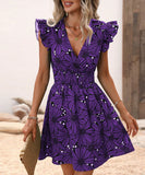 V-Neck Waist Sexy Big Flower Ruffled Sleeveless Dress Delight