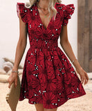 V-Neck Waist Sexy Big Flower Ruffled Sleeveless Dress Delight