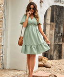 Solid Color V-Neck Dress With Lotus Sleeves for Effortless Style