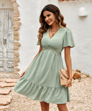 Solid Color V-Neck Dress With Lotus Sleeves for Effortless Style