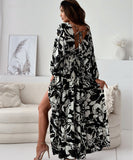 Seven-Point Sleeve Sexy Deep V Multi-Color Print Dress