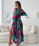 Seven-Point Sleeve Sexy Deep V Multi-Color Print Dress