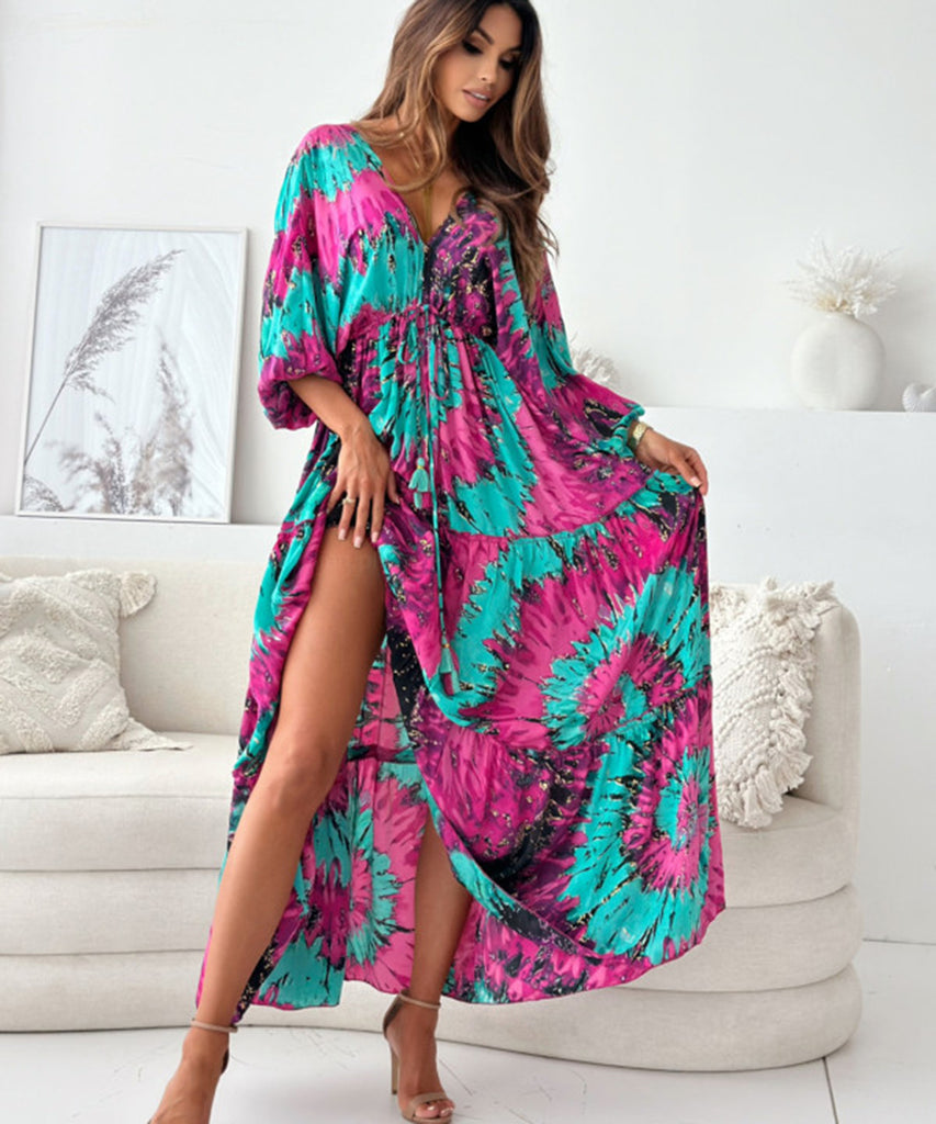 Seven-Point Sleeve Sexy Deep V Multi-Color Print Dress