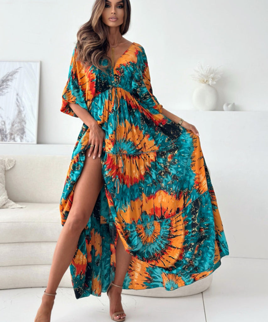 Seven-Point Sleeve Sexy Deep V Multi-Color Print Dress