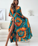 Seven-Point Sleeve Sexy Deep V Multi-Color Print Dress