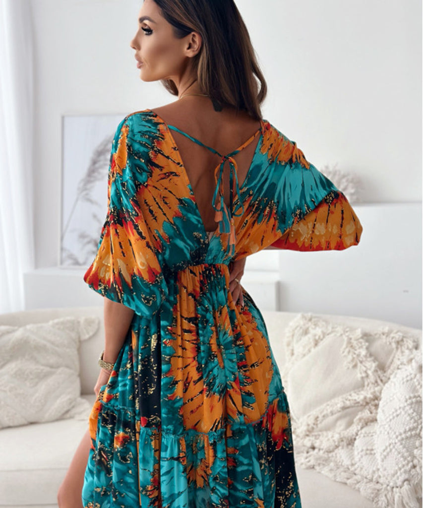 Seven-Point Sleeve Sexy Deep V Multi-Color Print Dress
