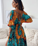 Seven-Point Sleeve Sexy Deep V Multi-Color Print Dress
