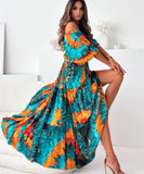 Seven-Point Sleeve Sexy Deep V Multi-Color Print Dress