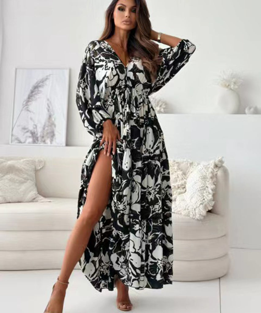 Seven-Point Sleeve Sexy Deep V Multi-Color Print Dress
