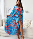 Seven-Point Sleeve Sexy Deep V Multi-Color Print Dress