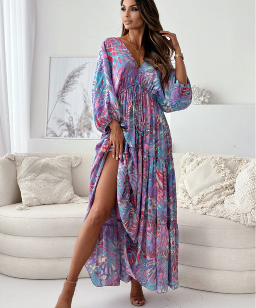 Seven-Point Sleeve Sexy Deep V Multi-Color Print Dress