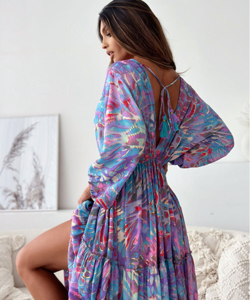 Seven-Point Sleeve Sexy Deep V Multi-Color Print Dress