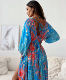 Seven-Point Sleeve Sexy Deep V Multi-Color Print Dress