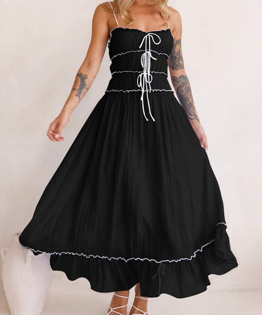 Lace Patchwork High-Waisted Halter Dress for Chic Elegance