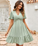 Solid Color V-Neck Dress With Lotus Sleeves for Effortless Style