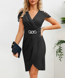 Elegant Pleated Waistline V-Neck Short-Sleeved Dress