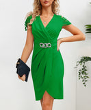Elegant Pleated Waistline V-Neck Short-Sleeved Dress