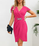 Elegant Pleated Waistline V-Neck Short-Sleeved Dress