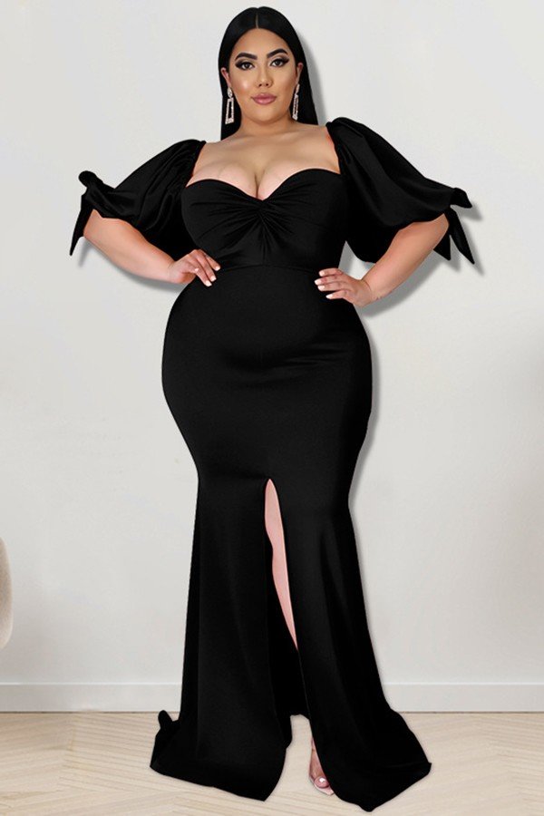 Willow Edge Elegant Slit Hem Dress with Puffy Sleeves