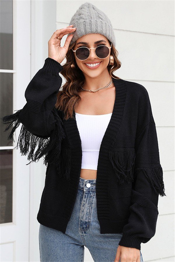 Fringed Short Knit Cardigan Sweater