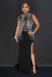 Chic Solid Color Mesh Split Long Dress