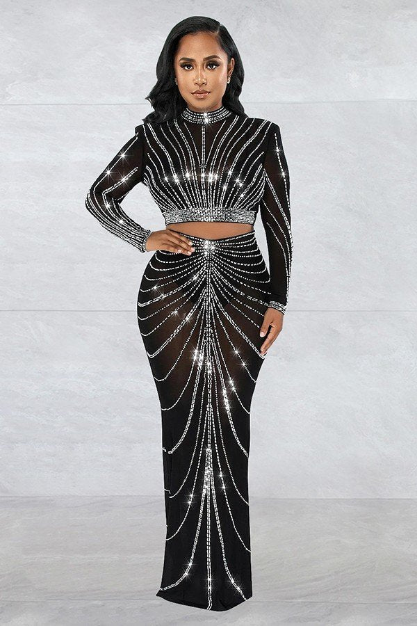 Elegant Sheer Long Sleeve Two-Piece Dress Set in Luxurious Gauze