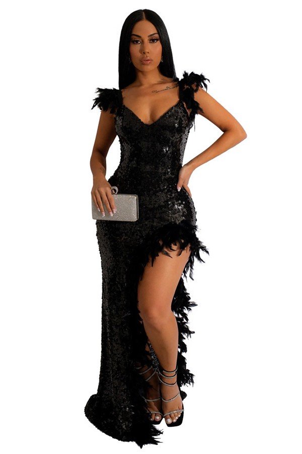 Glamorous Feathered Halter Dress with Alluring High Split and Sequins