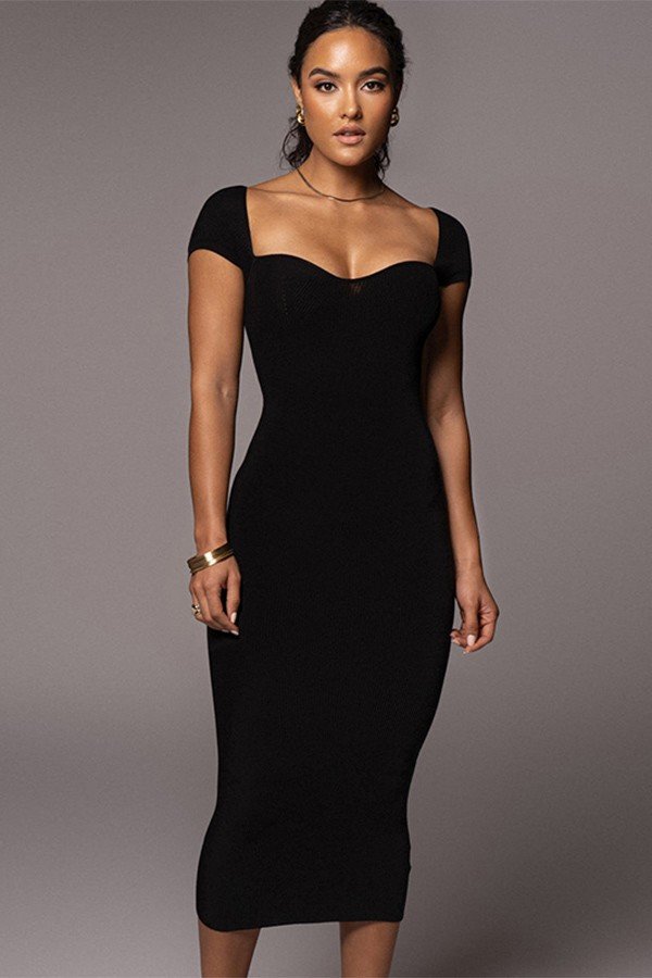 Ribbed Long Slim-Fit Dress with Line Neck Detail