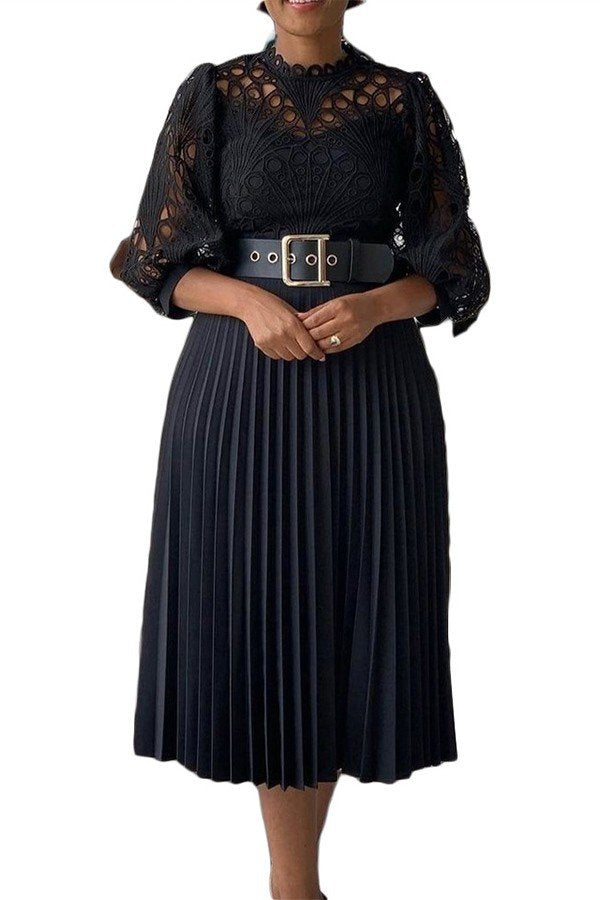 Elegant Plus-Size Floral Lace Hollow Pleated Dress for Special Occasions