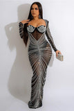 Elegant Long Sleeve Gauze Skirt Dress with Iron Drill Fabric