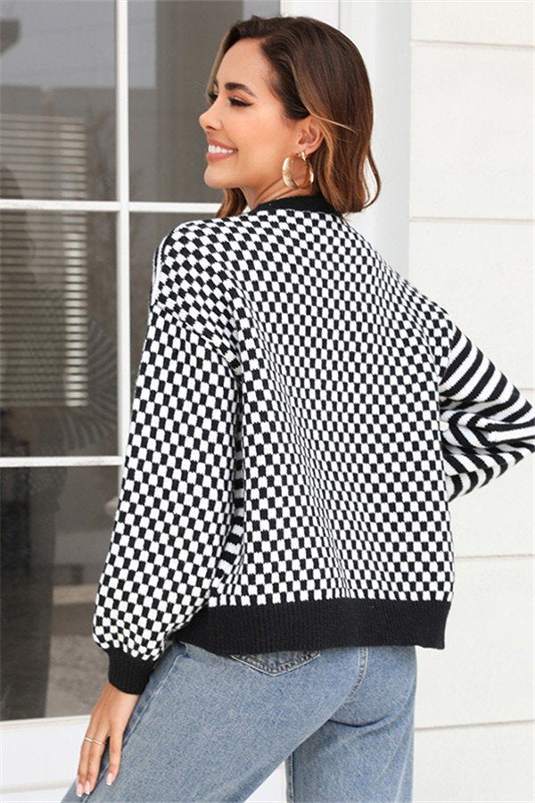 Plaid Patchwork Striped Cardigan Sweater Coat