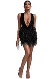 Glamorous Backless French Dress with Glittering Feather Details