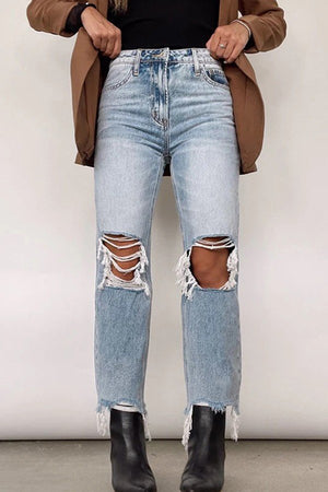 Distressed High-Waisted Straight Leg Jeans