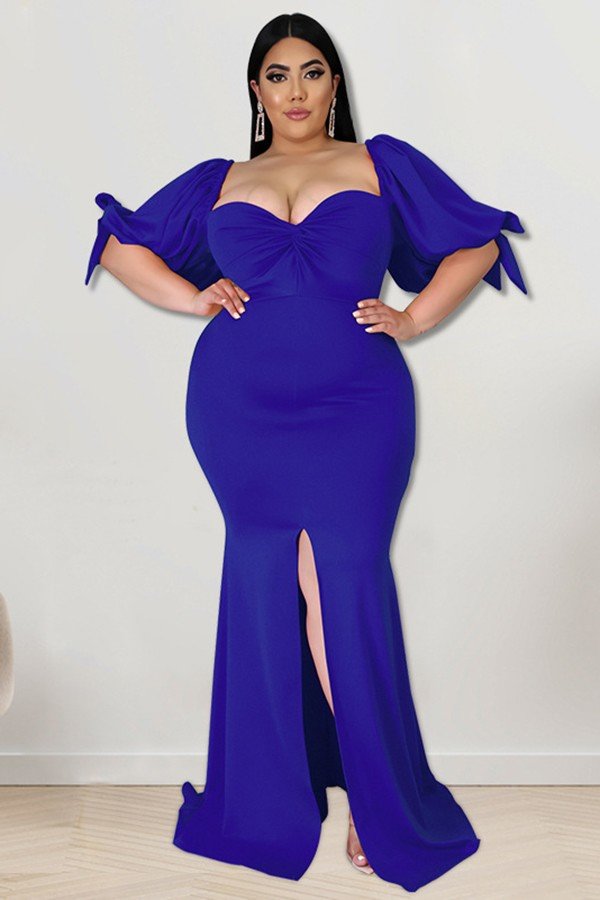 Willow Edge Elegant Slit Hem Dress with Puffy Sleeves